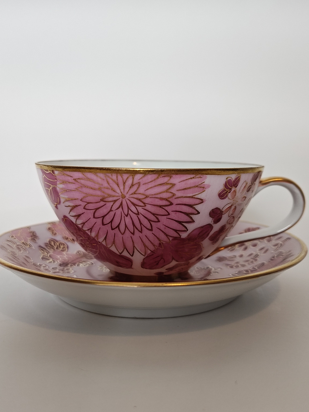 Pink Floral Porcelain Teacup and Saucer with Gold Trim